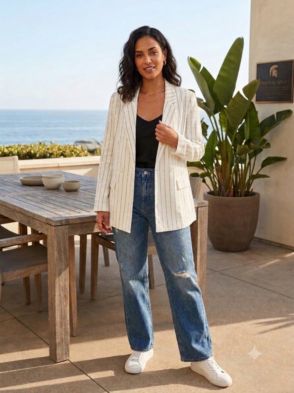 NWT Forever 21 Pinstripe Blazer Size Small White Black Linen Blend Lined
